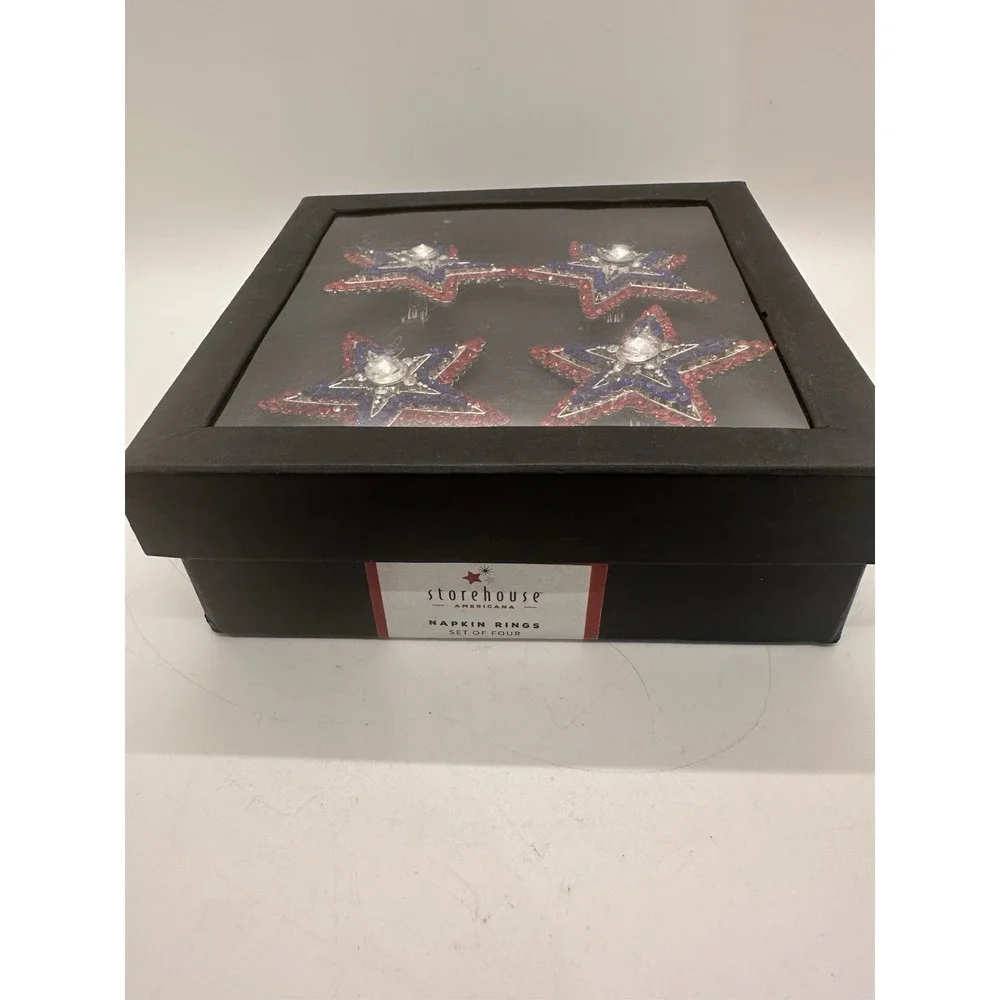 Storehouse Patriotic Star 4th of July Red Blue Jeweled Rhinestones Napkin Rings